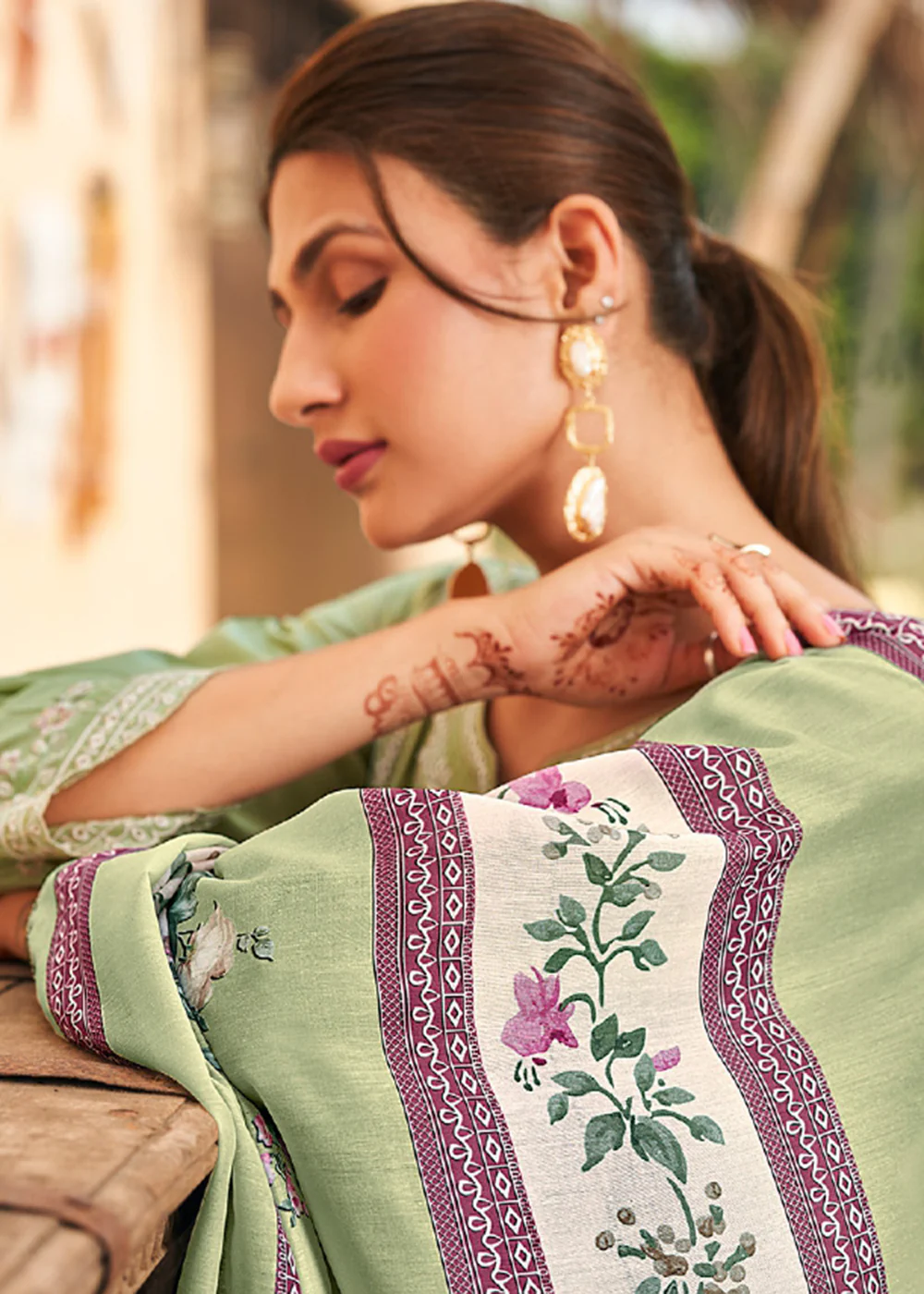 Pista Green Cotton Embroidered Festive Salwar Suit - Image 3