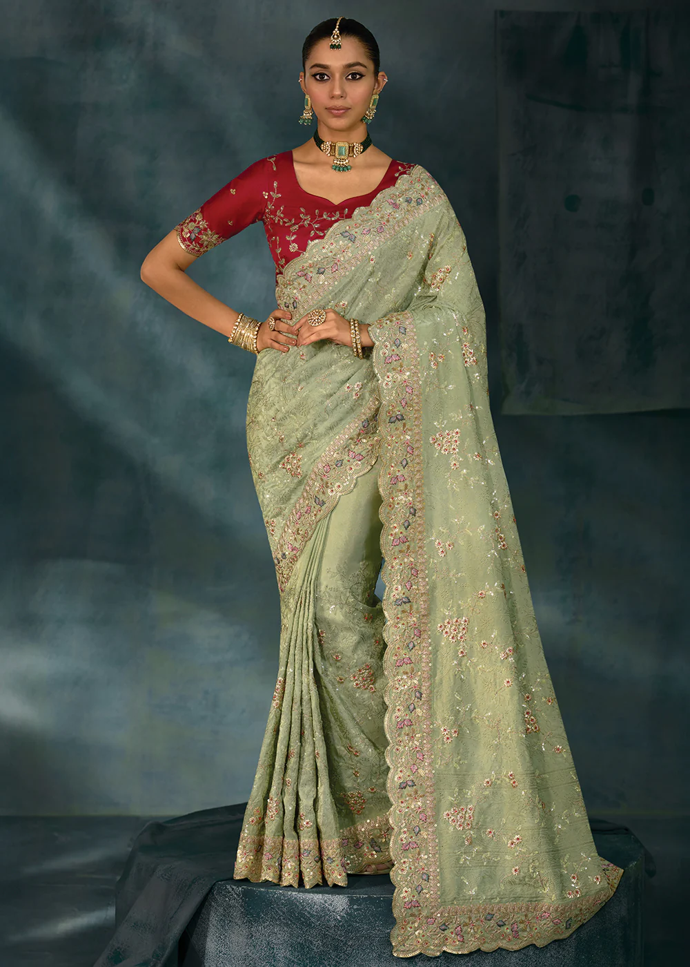 Pista Green Cut Dana & Mirror Work Designer Saree