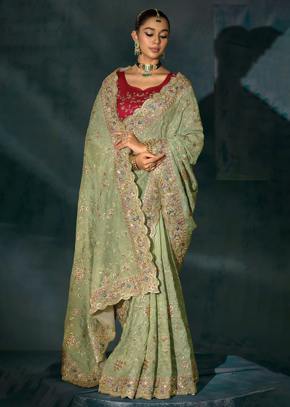 Pista Green Cut Dana & Mirror Work Designer Saree - Image 4