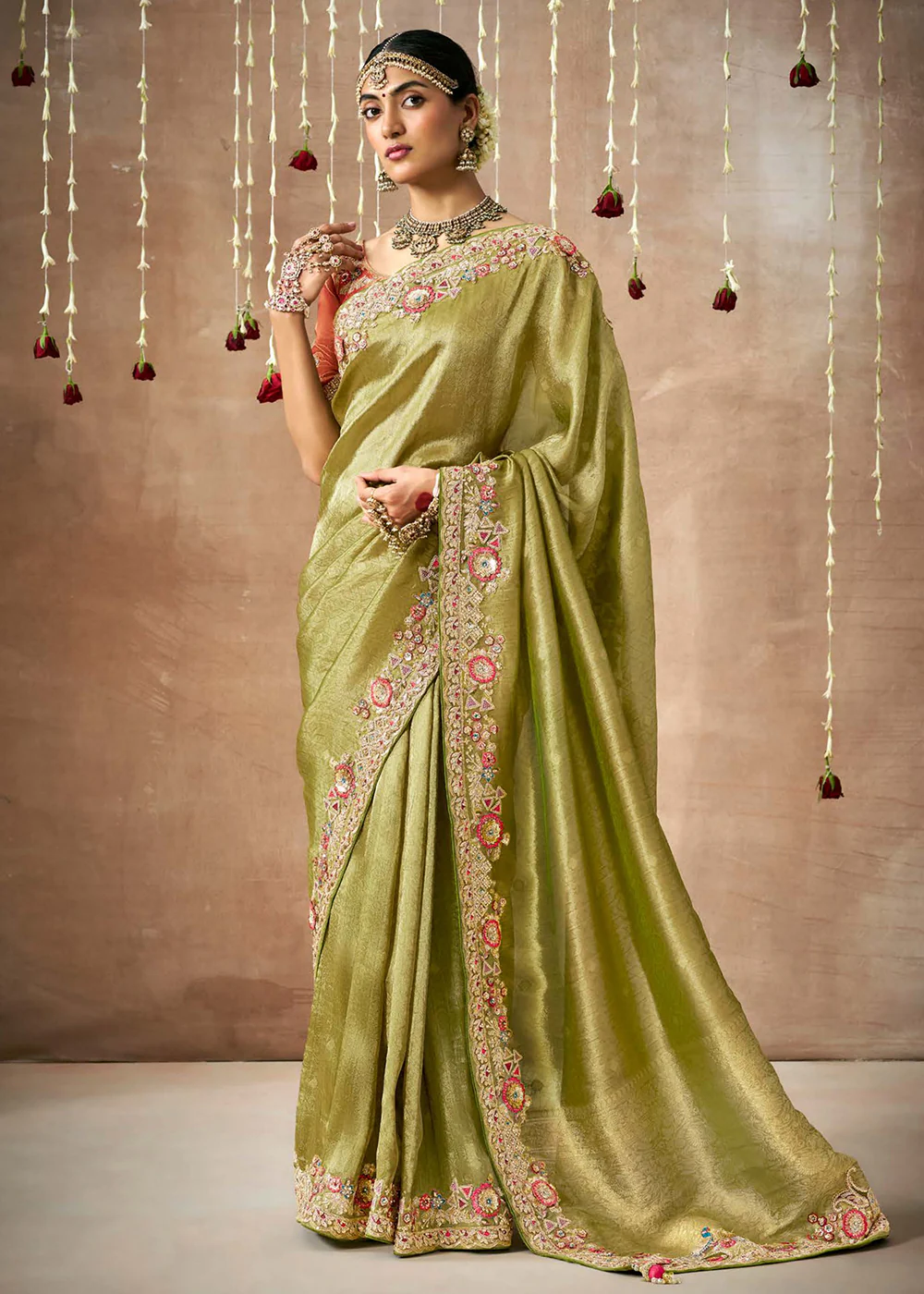 Pista Green Embroidered Silk Wedding Wear Saree