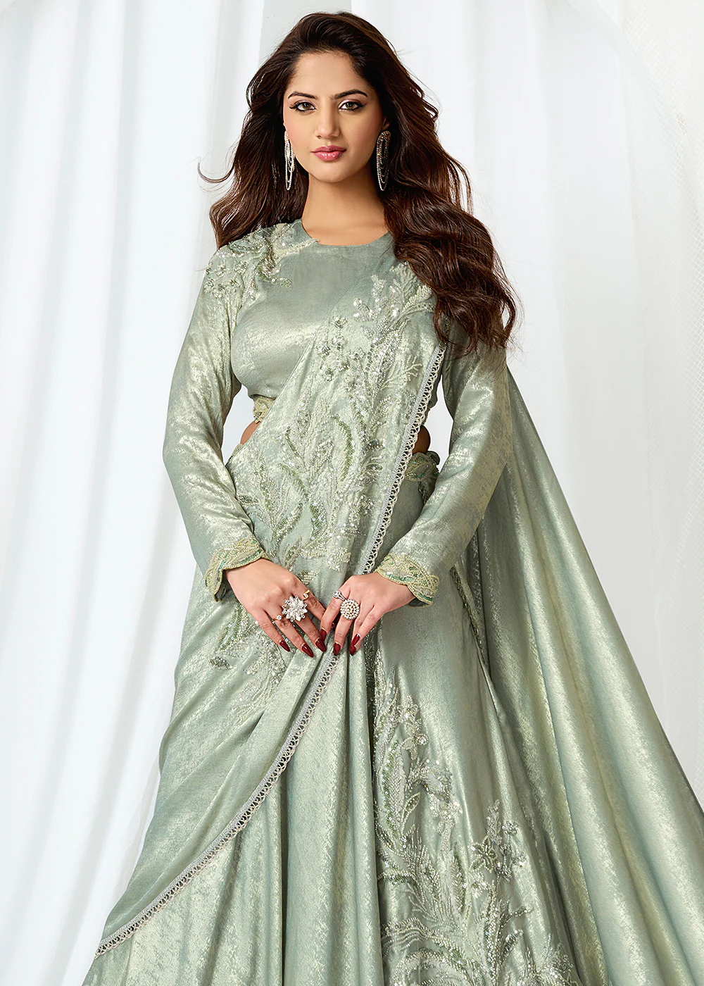 Pista Green Fancy Material Designer Lehenga Saree - Image 2