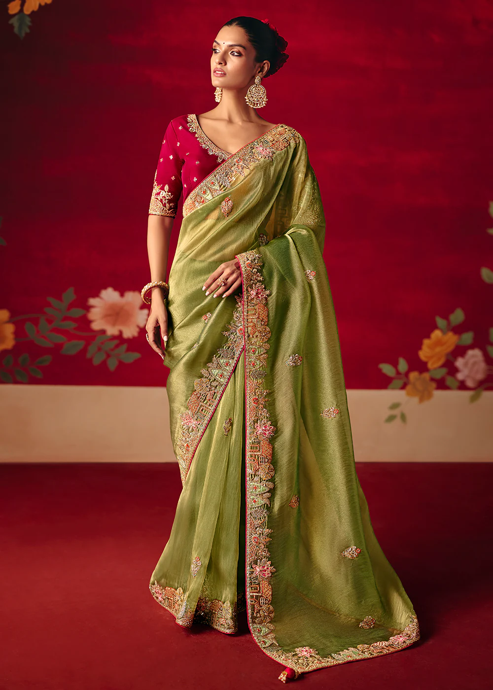 Pista Green Fancy Material Wedding Designer Saree