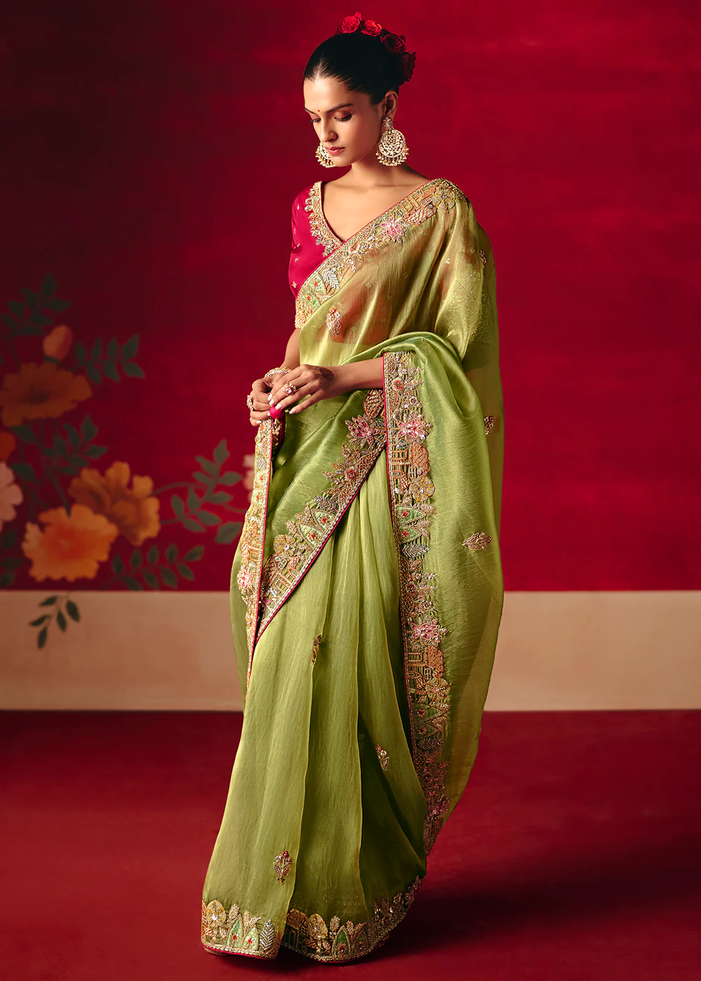 Pista Green Fancy Material Wedding Designer Saree - Image 4