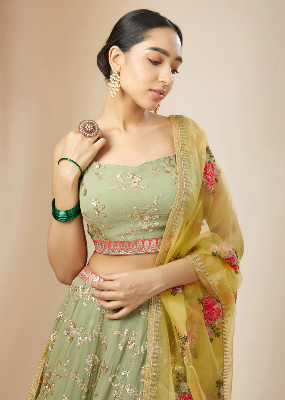 Pista Green Festive Style Embroidered Lehenga Choli - Image 2
