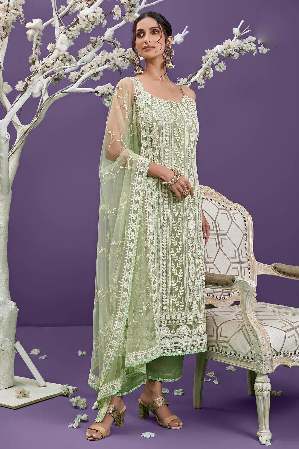 Pista Green Lucknowi Chikankari Embroidered Pant Style Suit - Image 2