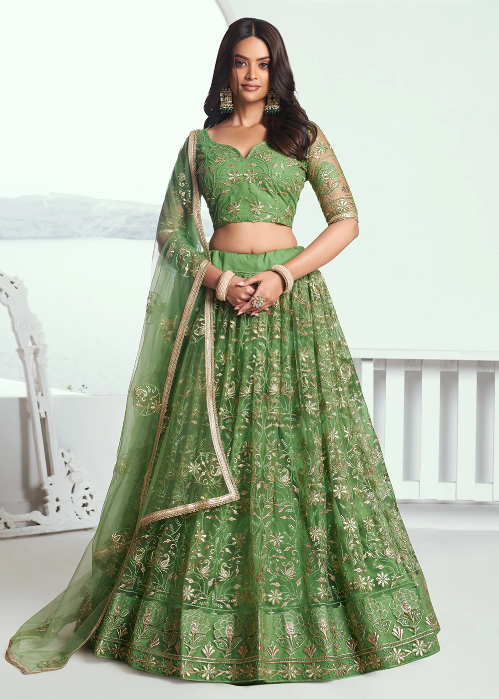 Pista Green Net Embroidered Wedding Festive Lehenga Choli