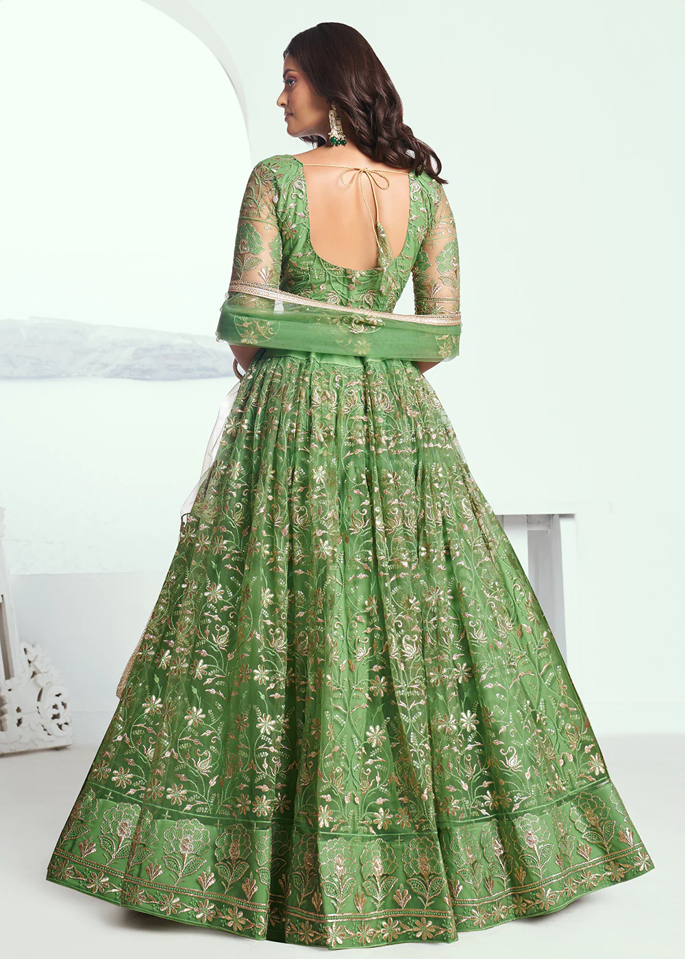 Pista Green Net Embroidered Wedding Festive Lehenga Choli - Image 3