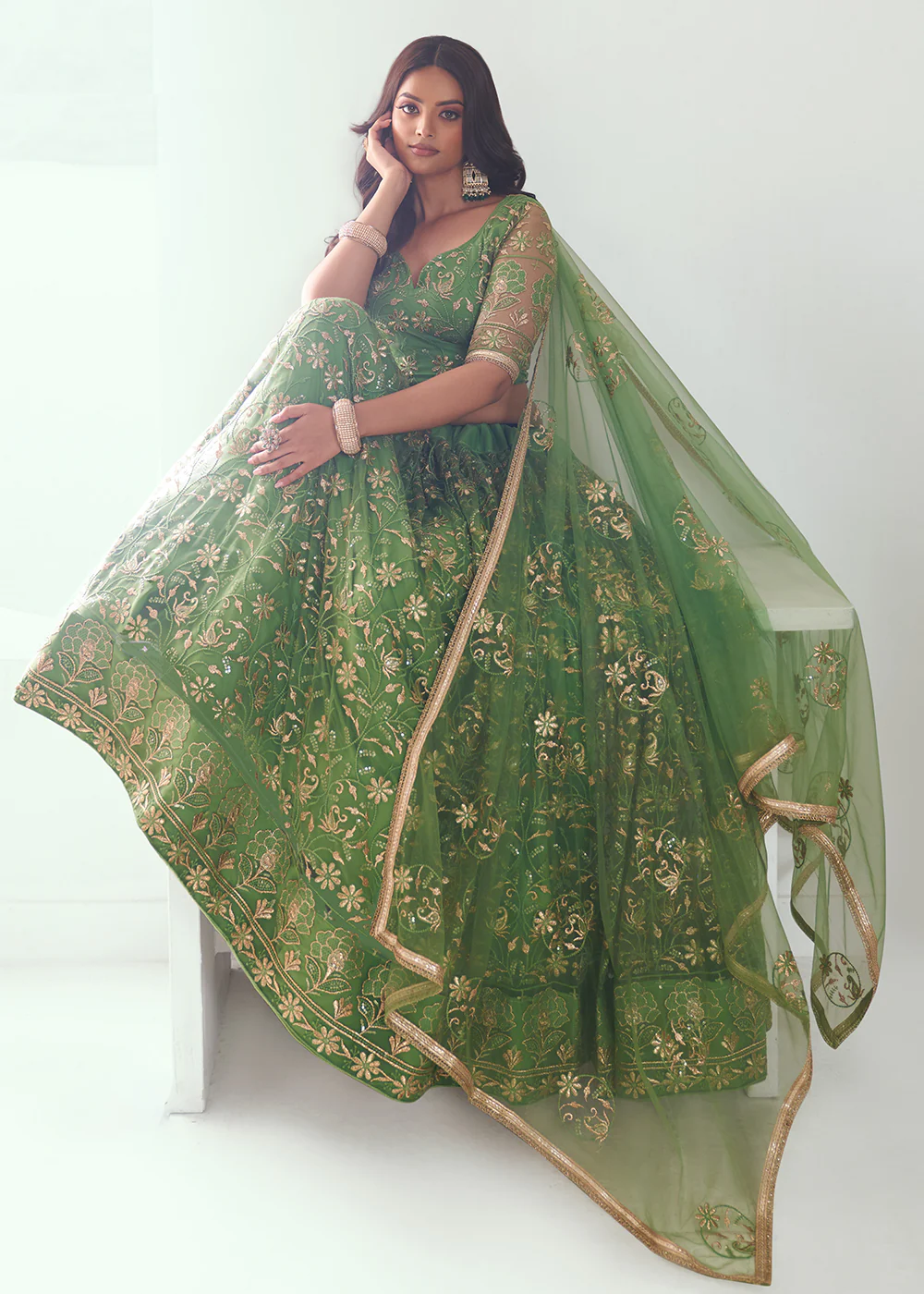 Pista Green Net Embroidered Wedding Festive Lehenga Choli - Image 4