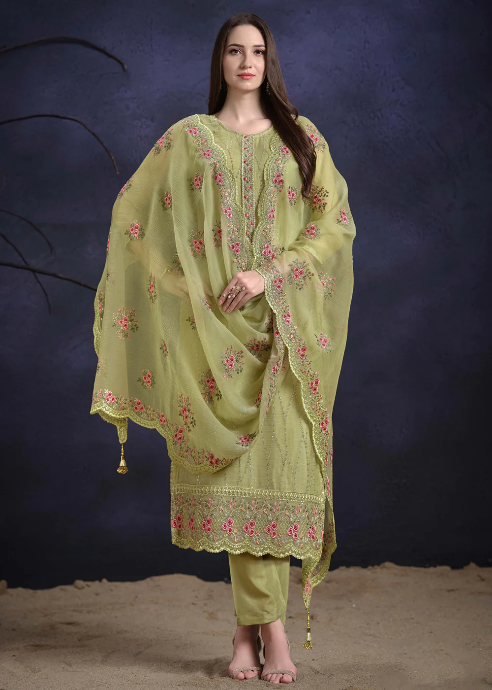 Pista Green Organza Chiffon Embroidered Festive Salwar Suit