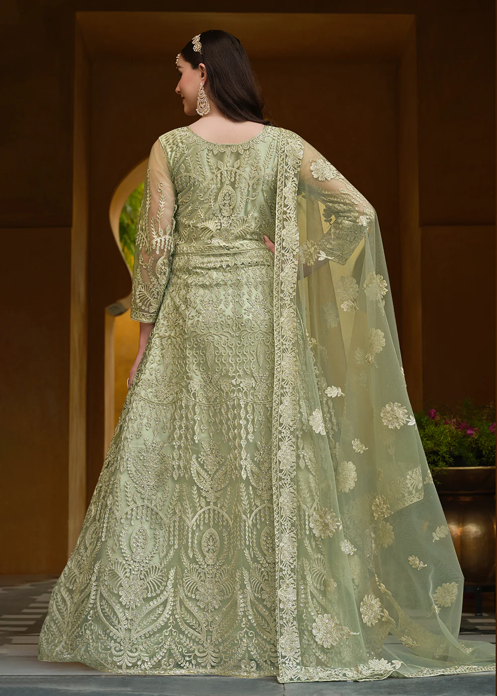 Pista Green Pure Butterfly Net Wedding Wear Anarkali Suit - Image 3