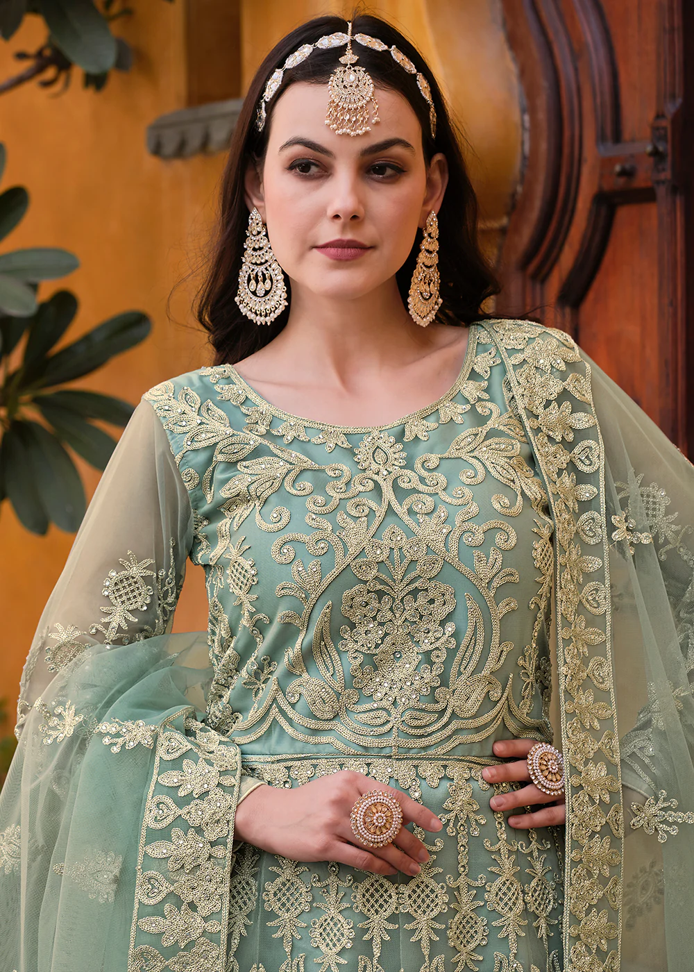 Pista Green Pure Butterfly Net Wedding Wear Anarkali Suit - Image 4