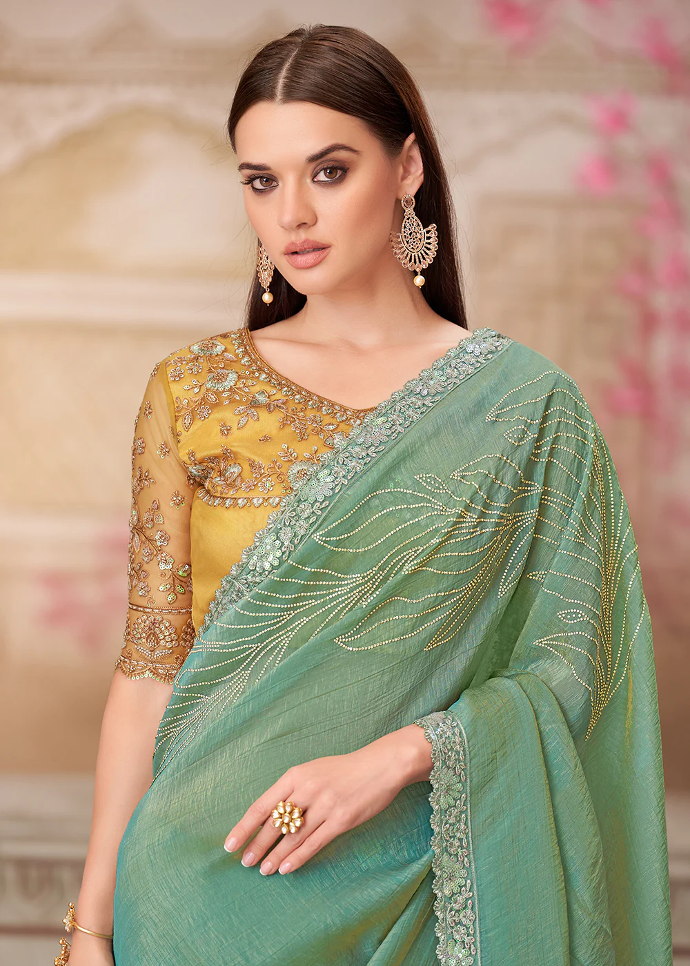 Pista Green Satin Silk Embroidered Wedding Wear Saree - Image 2