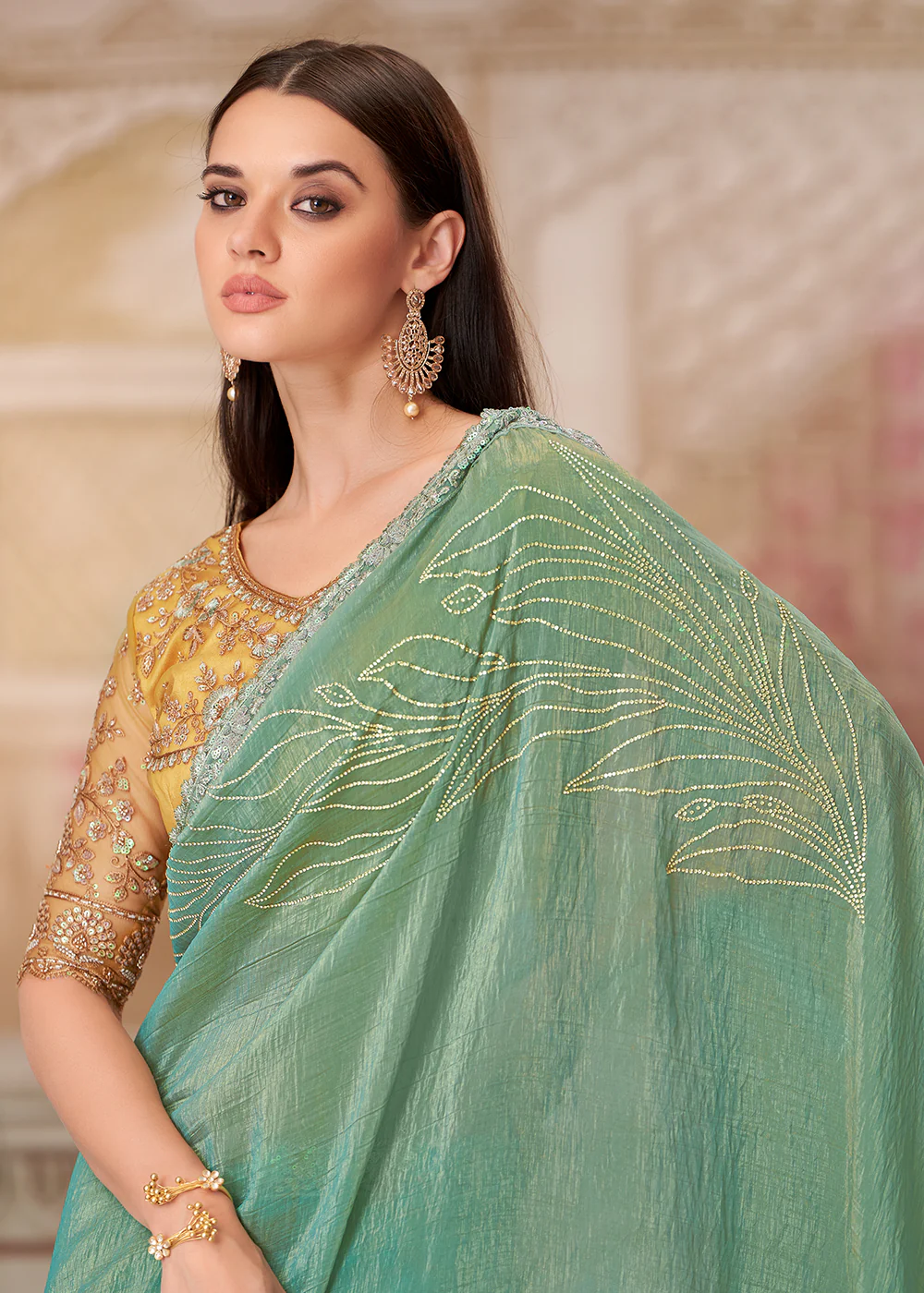 Pista Green Satin Silk Embroidered Wedding Wear Saree - Image 3