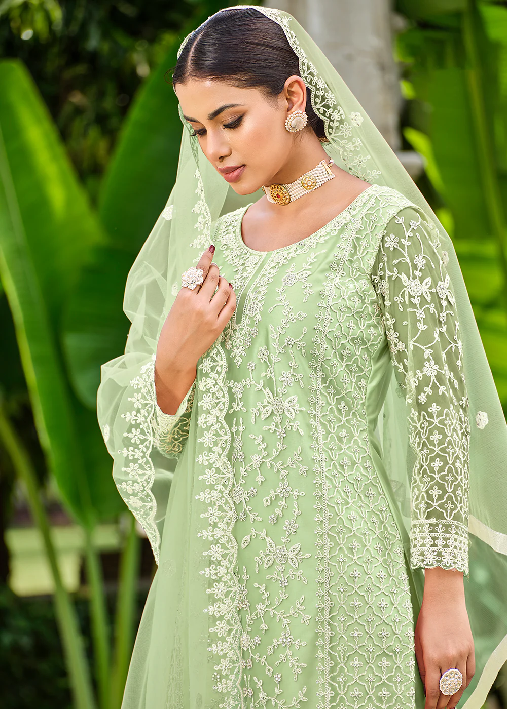 Pista Green Stone & Cording Work Festive Palazzo Suit - Image 2