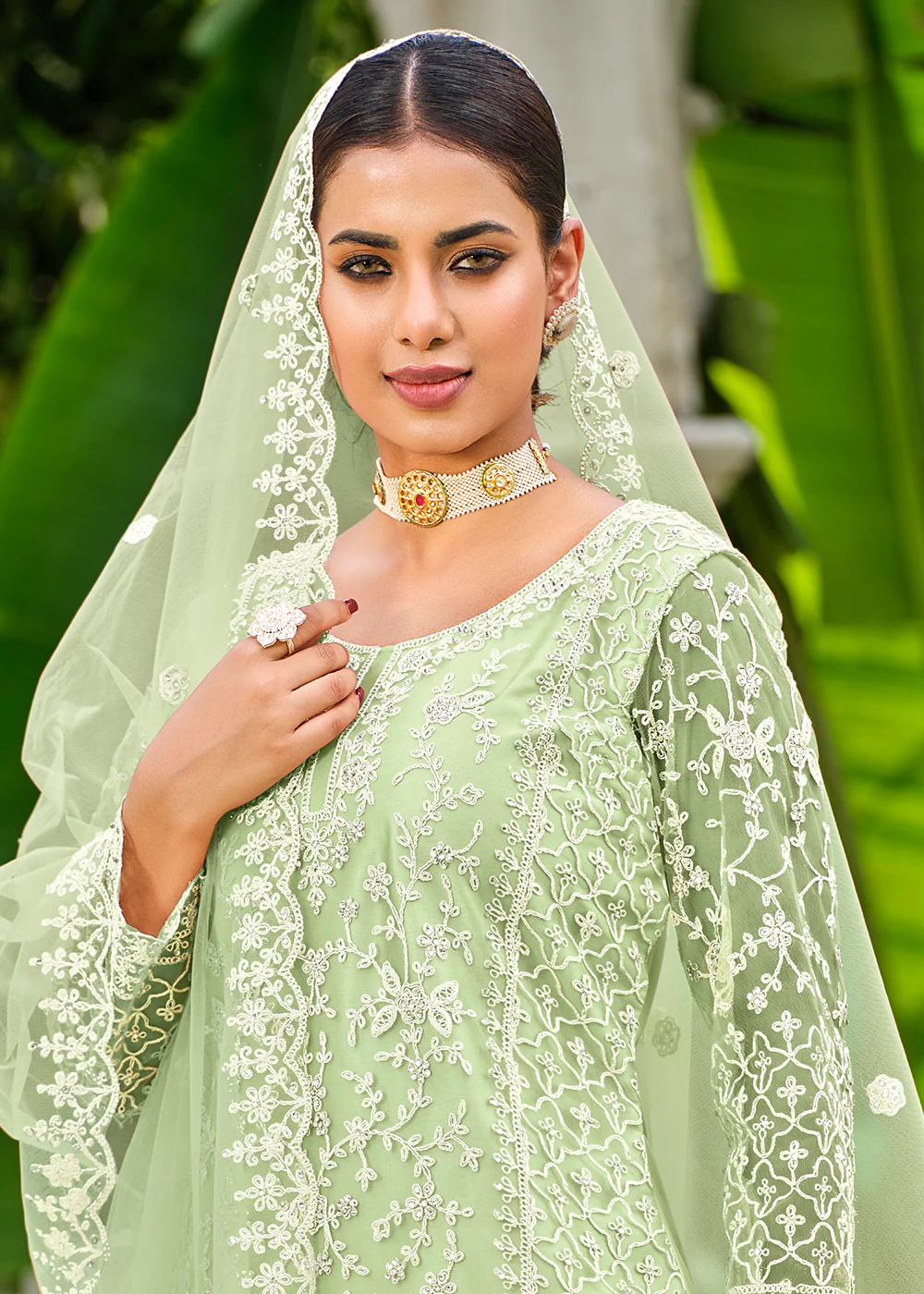 Pista Green Stone & Cording Work Festive Palazzo Suit - Image 3