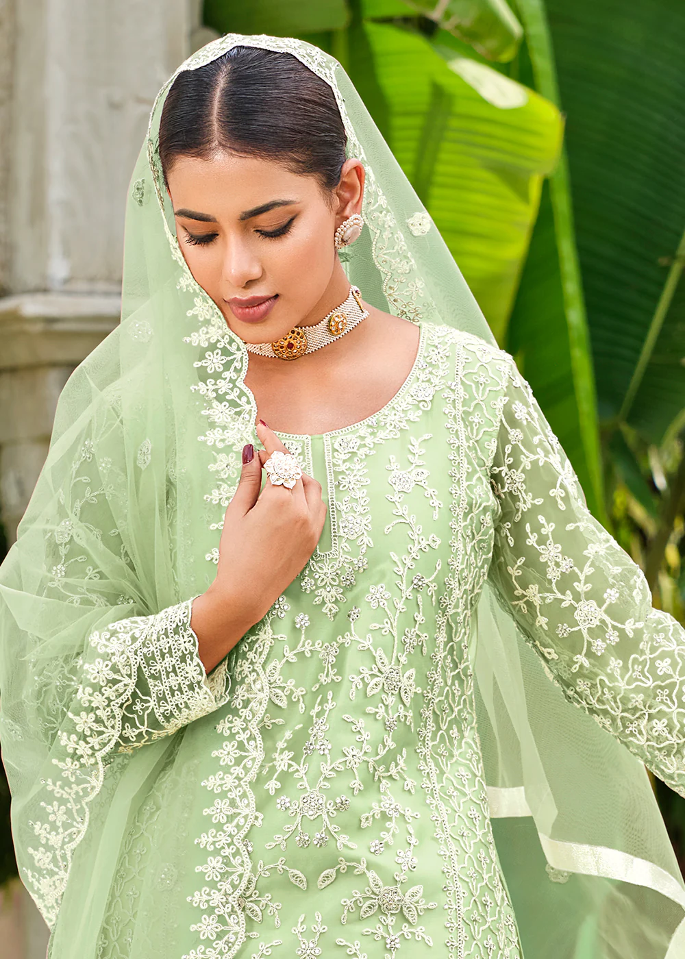 Pista Green Stone & Cording Work Festive Palazzo Suit - Image 4