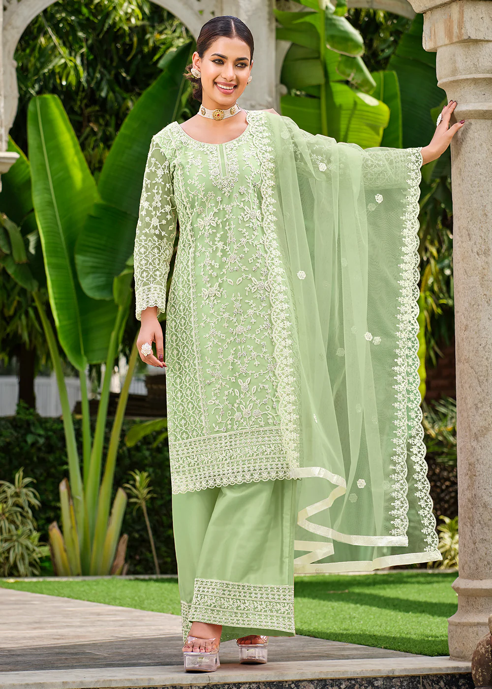 Pista Green Stone & Cording Work Festive Palazzo Suit - Image 5