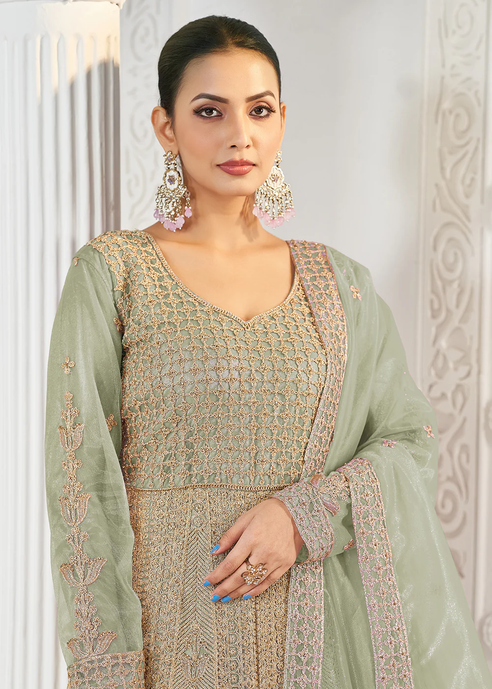 Pista Green Stone Work Eid Special Anarkali Suit - Image 2