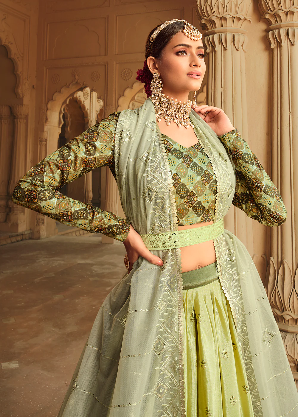 Pista Green to Mahendi Multi Color Sequins Festive Lehenga Choli - Image 2