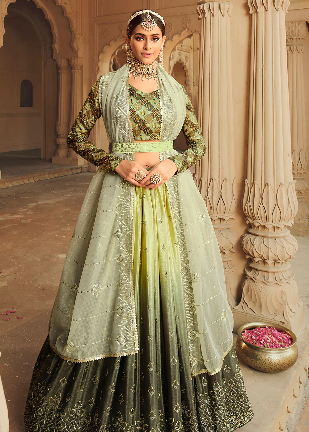 Pista Green to Mahendi Multi Color Sequins Festive Lehenga Choli - Image 3