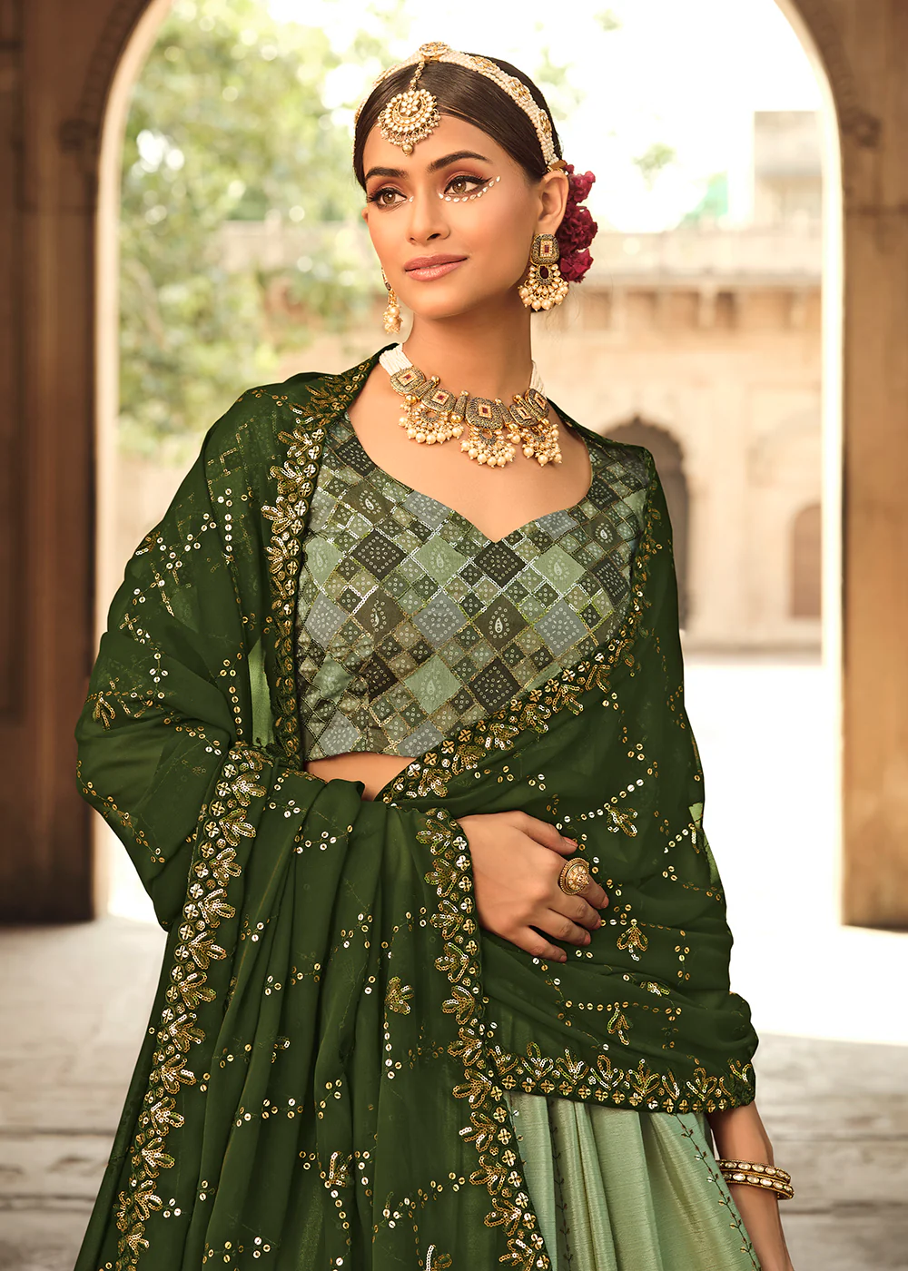 Pista Green to Olive Multi Color Sequins Festive Lehenga Choli - Image 2