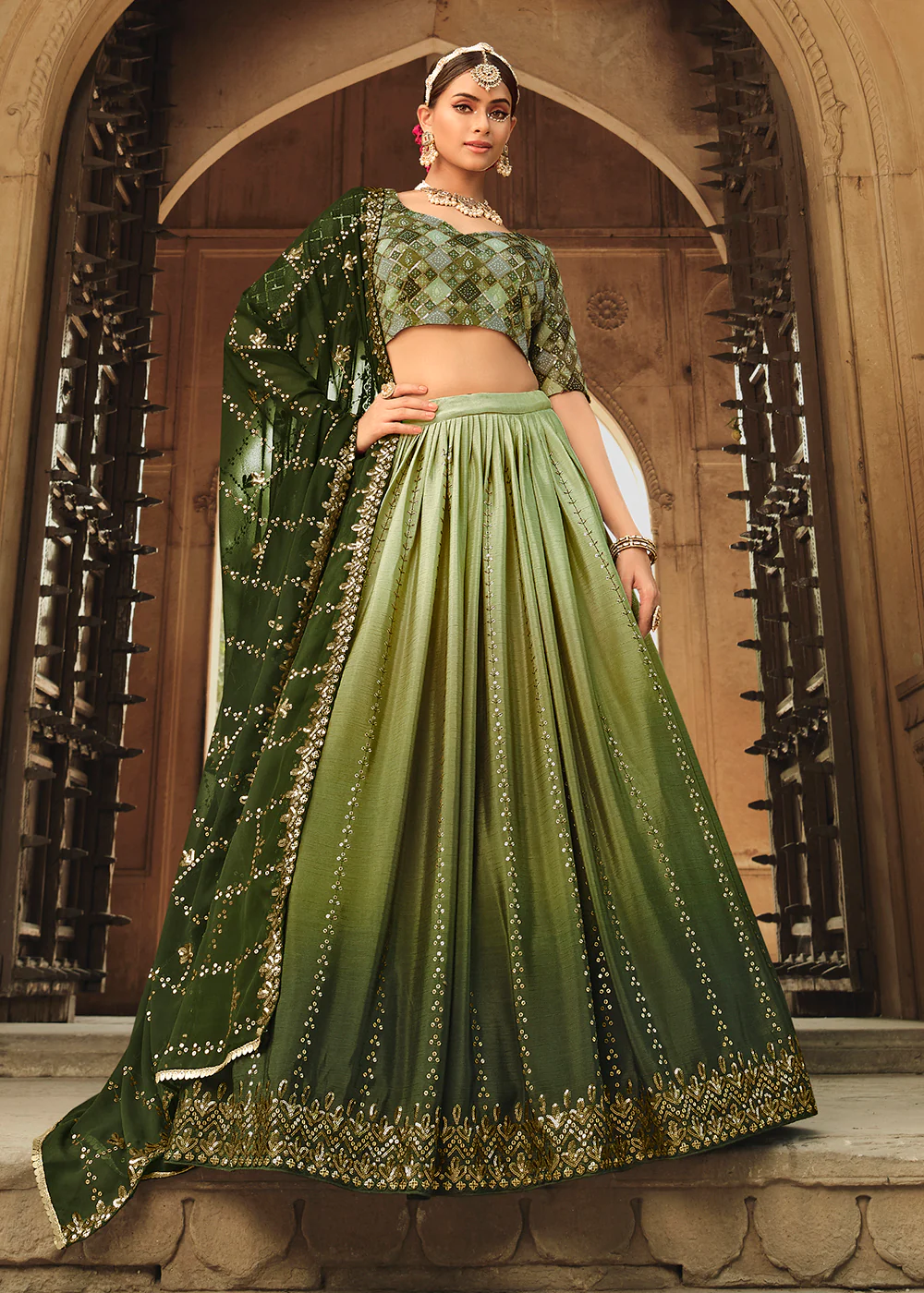 Pista Green to Olive Multi Color Sequins Festive Lehenga Choli - Image 3