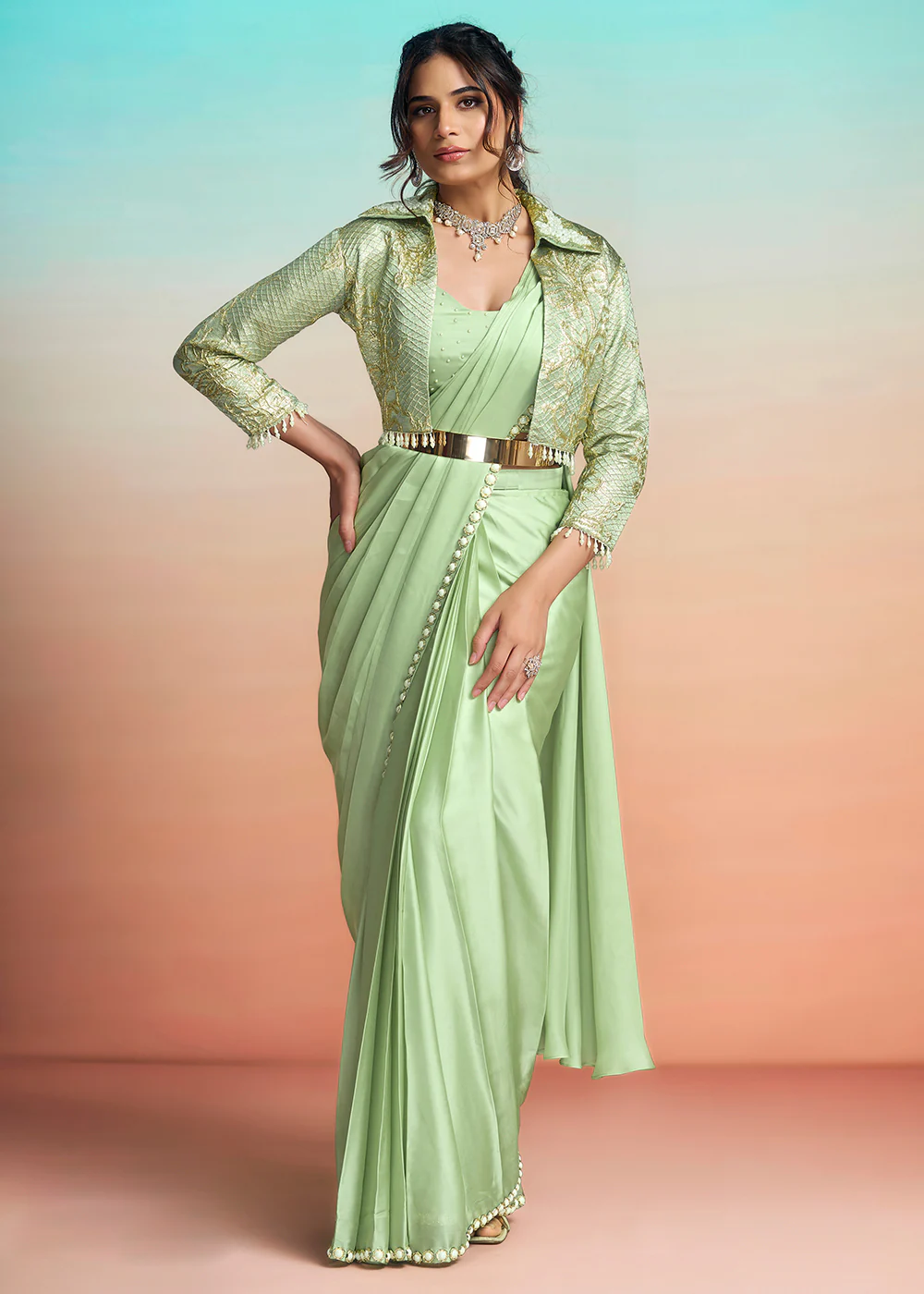 Pista Green Wedding Party Ready to Wear Saree