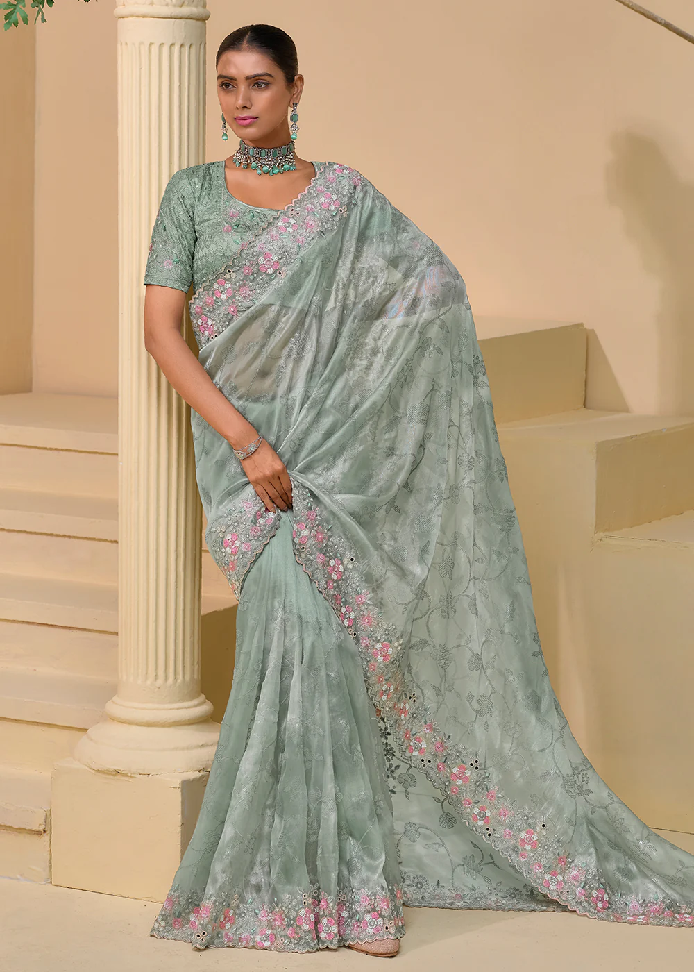 Pista Grey Banarasi Silk Embroidered Designer Saree - Image 3