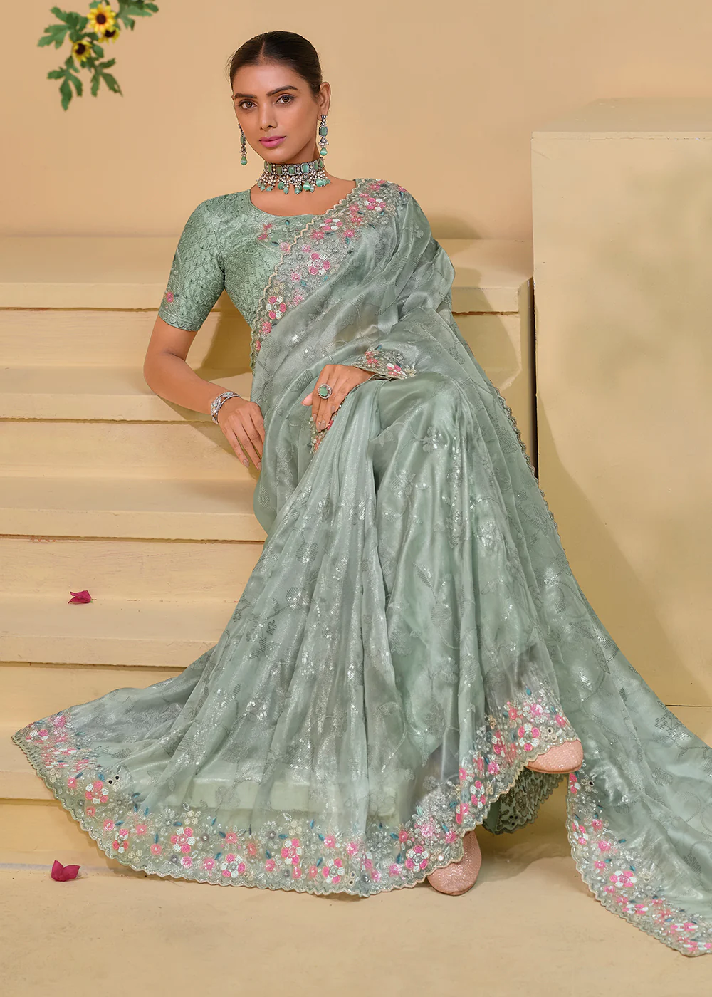 Pista Grey Banarasi Silk Embroidered Designer Saree - Image 4