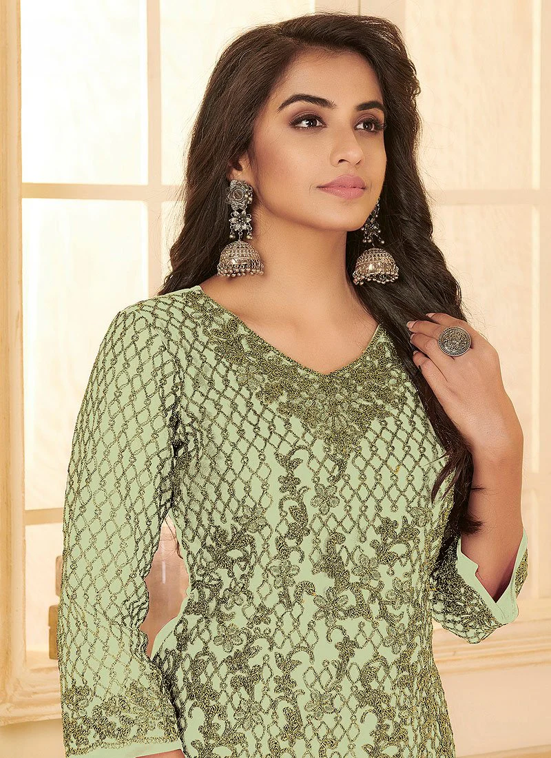 Pistachio Green All Over Embroidered Net Pant Style Suit - Image 2