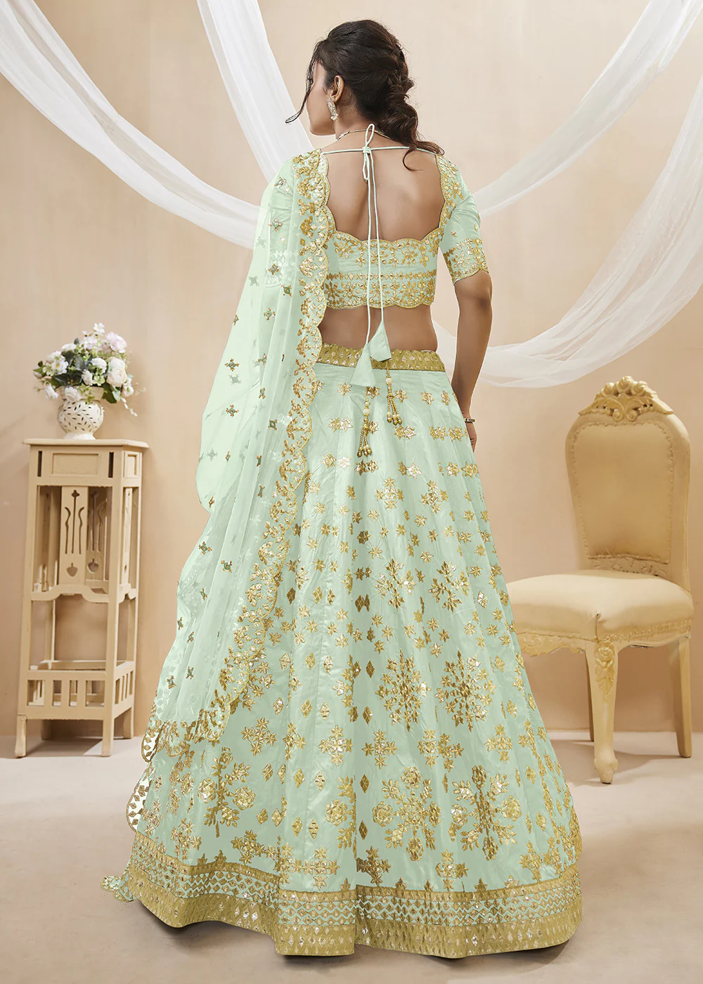 Pistachio Green Art Silk Embroidered Reception Wear Lehenga Choli - Image 2