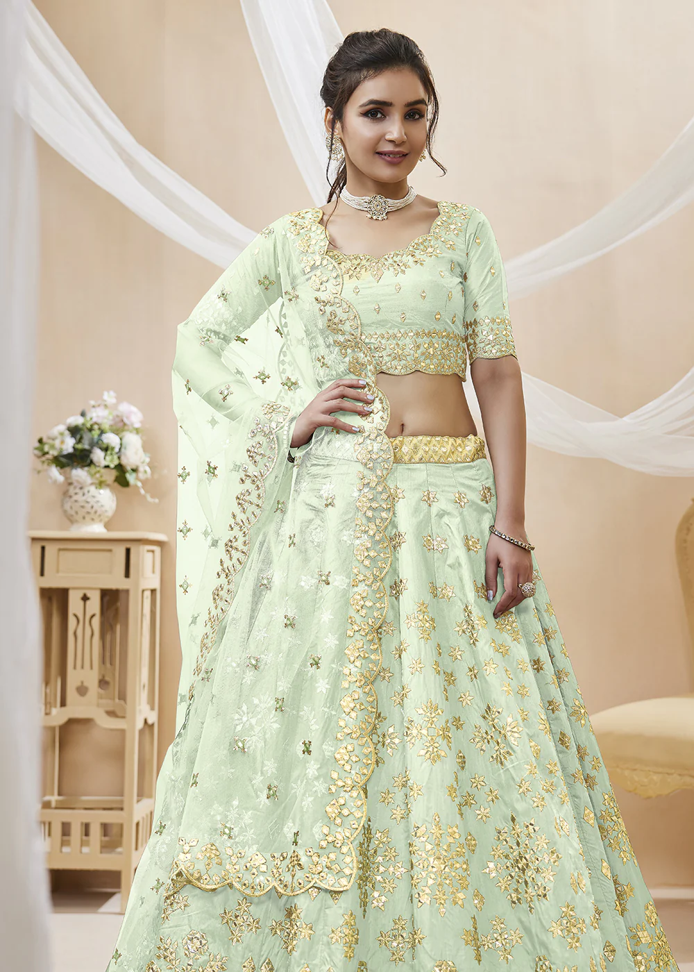 Pistachio Green Art Silk Embroidered Reception Wear Lehenga Choli - Image 3