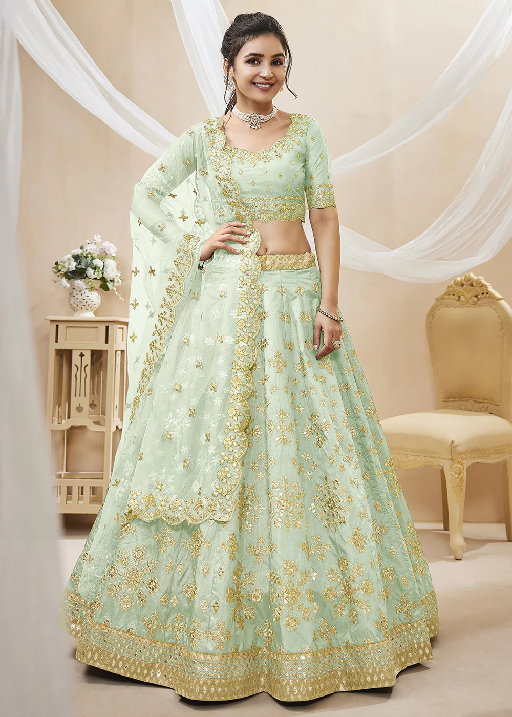 Pistachio Green Art Silk Embroidered Reception Wear Lehenga Choli - Image 4
