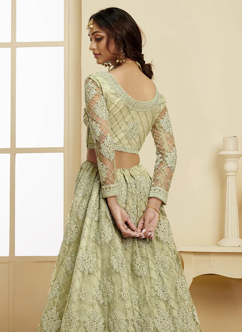 Pistachio Green Pearl Embroidered Wedding Lehenga Choli - Image 3