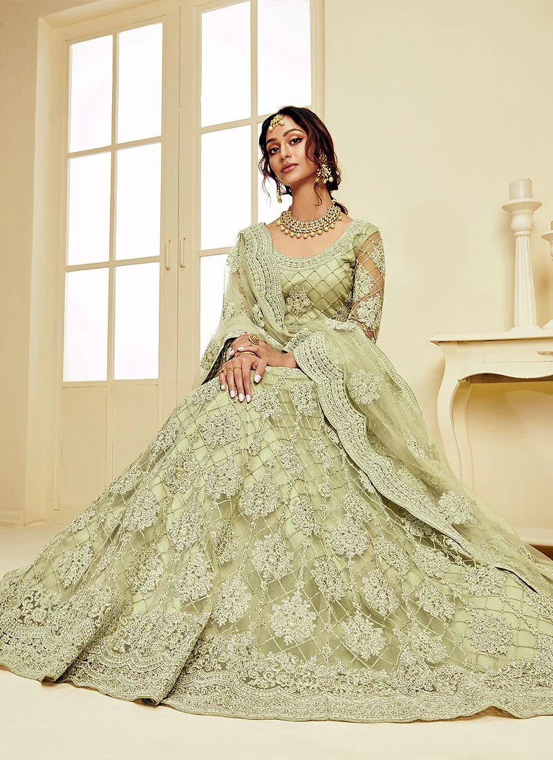 Pistachio Green Pearl Embroidered Wedding Lehenga Choli - Image 4