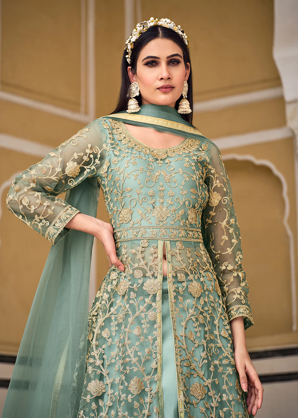 Pistachio Green Skirt & Pant Style Designer Anarkali Suit - Image 2