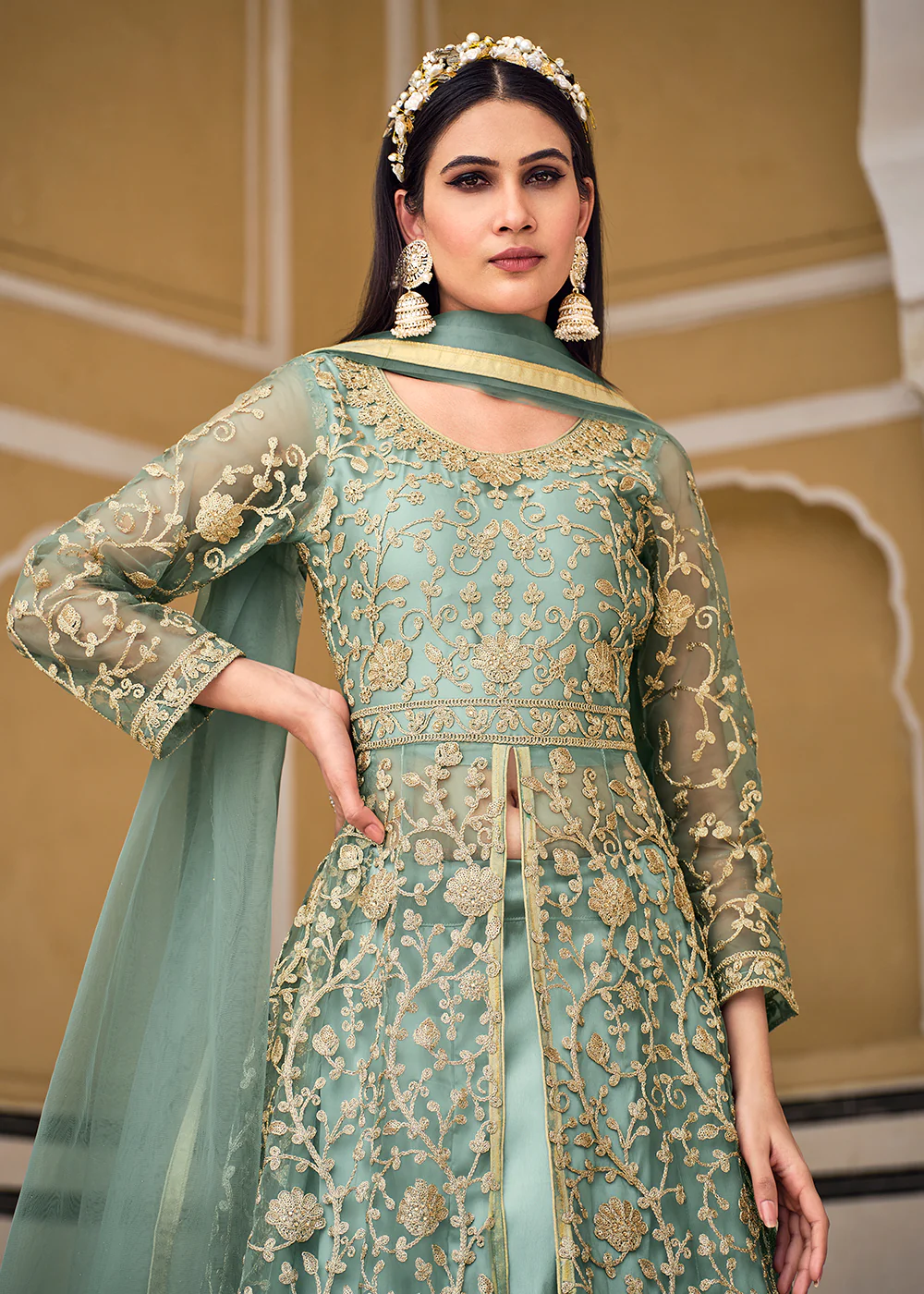 Pistachio Green Skirt & Pant Style Designer Anarkali Suit - Image 2