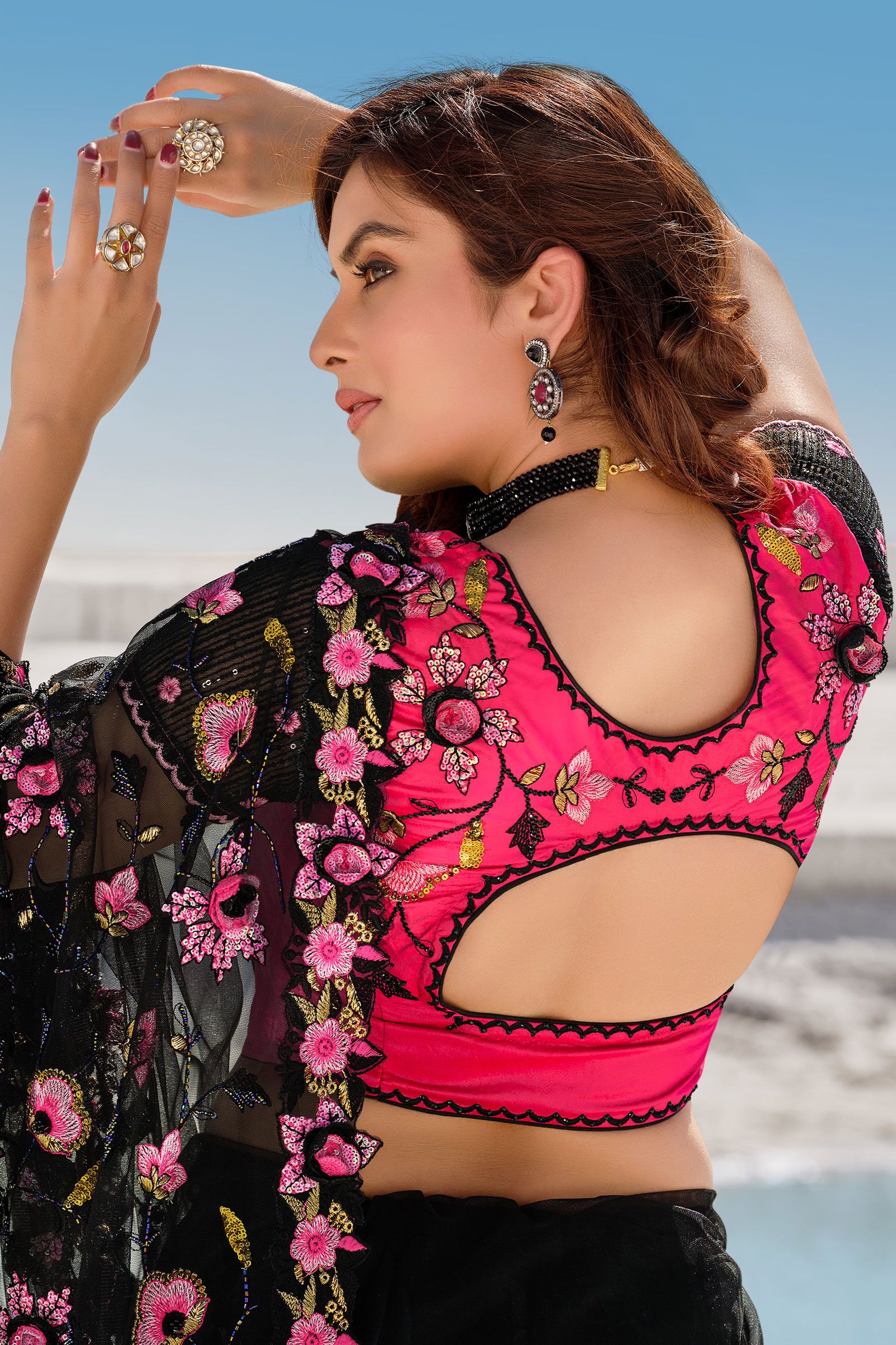 Pitch Black Floral Embroidered Net Saree - Image 2