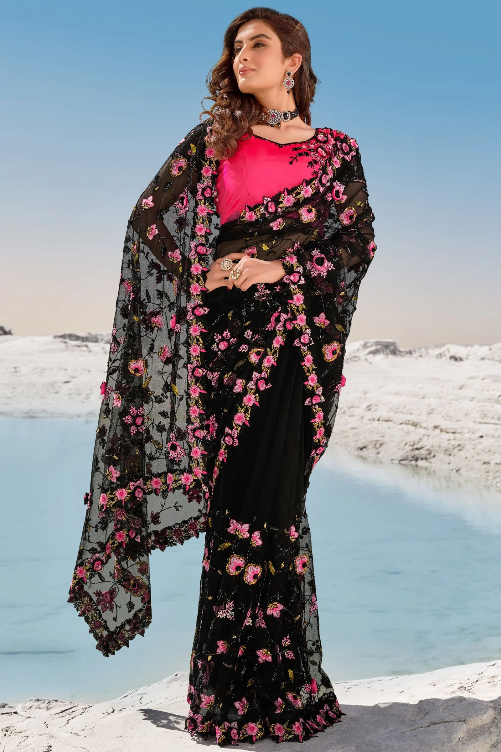 Pitch Black Floral Embroidered Net Saree - Image 3