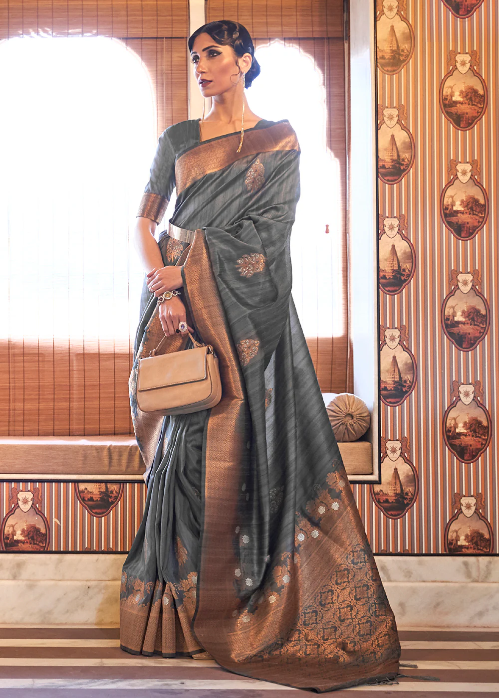 Platinum Grey Tussar Banarasi Silk Designer Saree