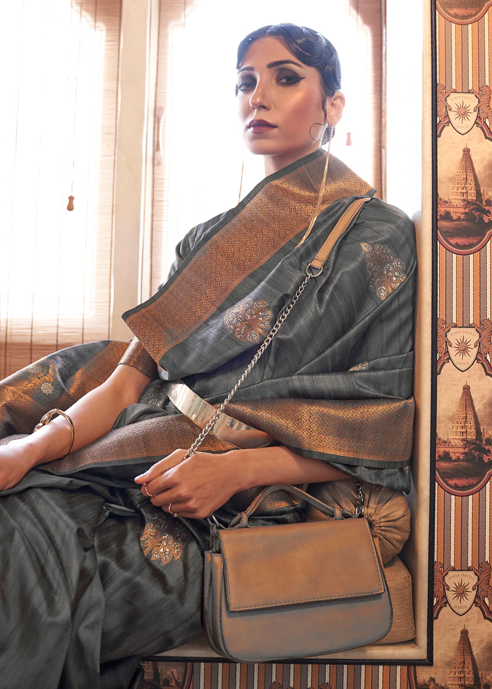 Platinum Grey Tussar Banarasi Silk Designer Saree - Image 2