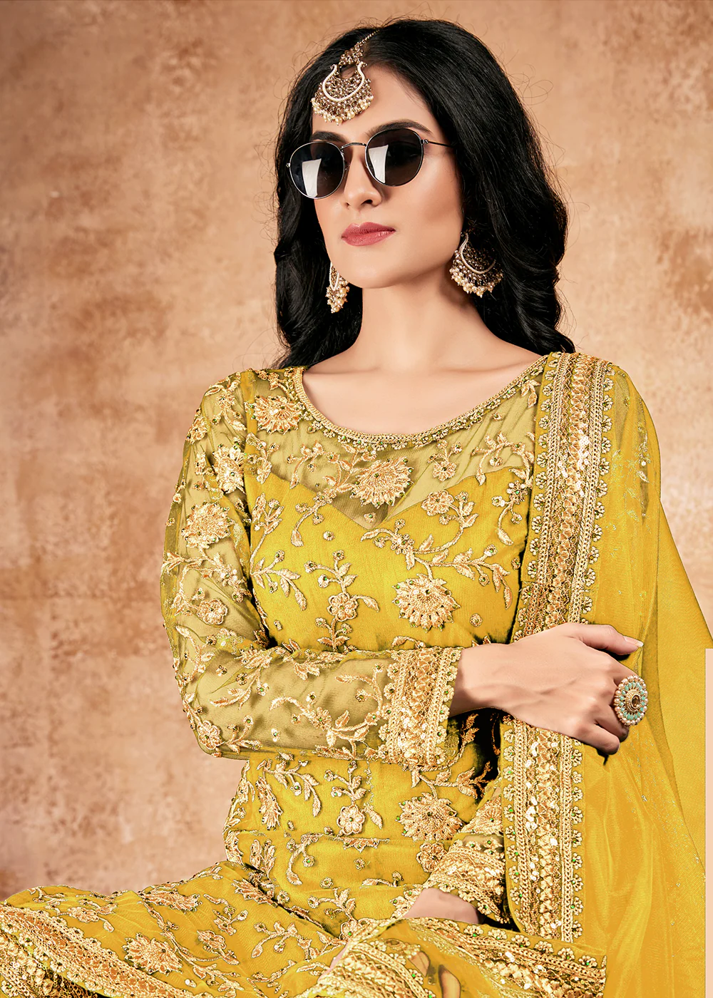 Pleasance Yellow Net Sequins Pakistani Gharara Suit - Image 3