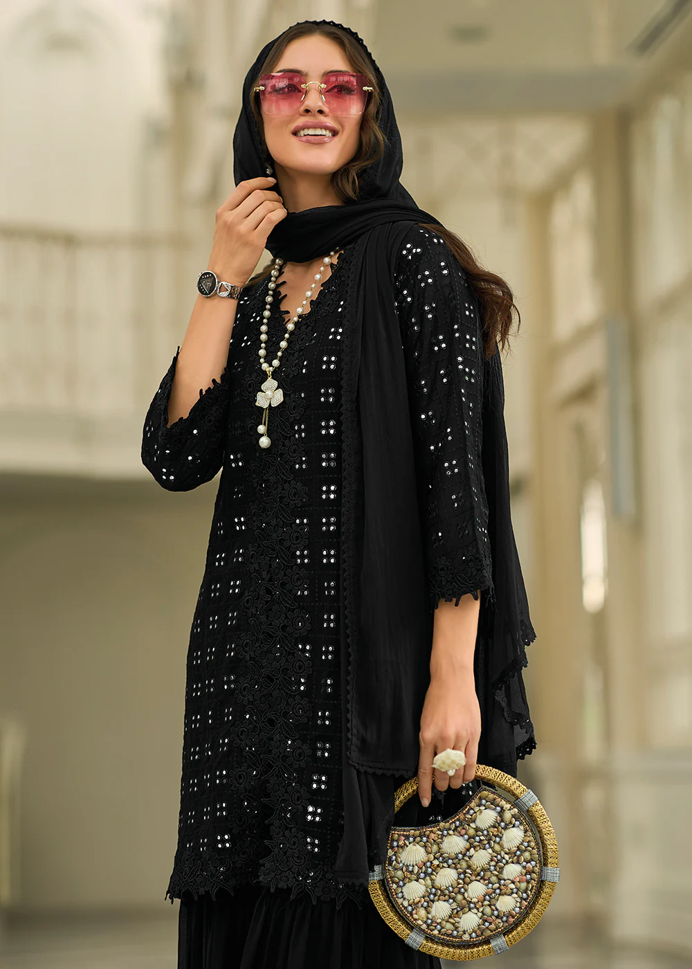 Pleasing Black Fancy Embroidered Festive Gharara Suit - Image 2