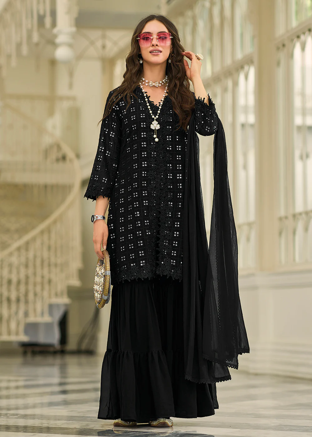 Pleasing Black Fancy Embroidered Festive Gharara Suit - Image 3