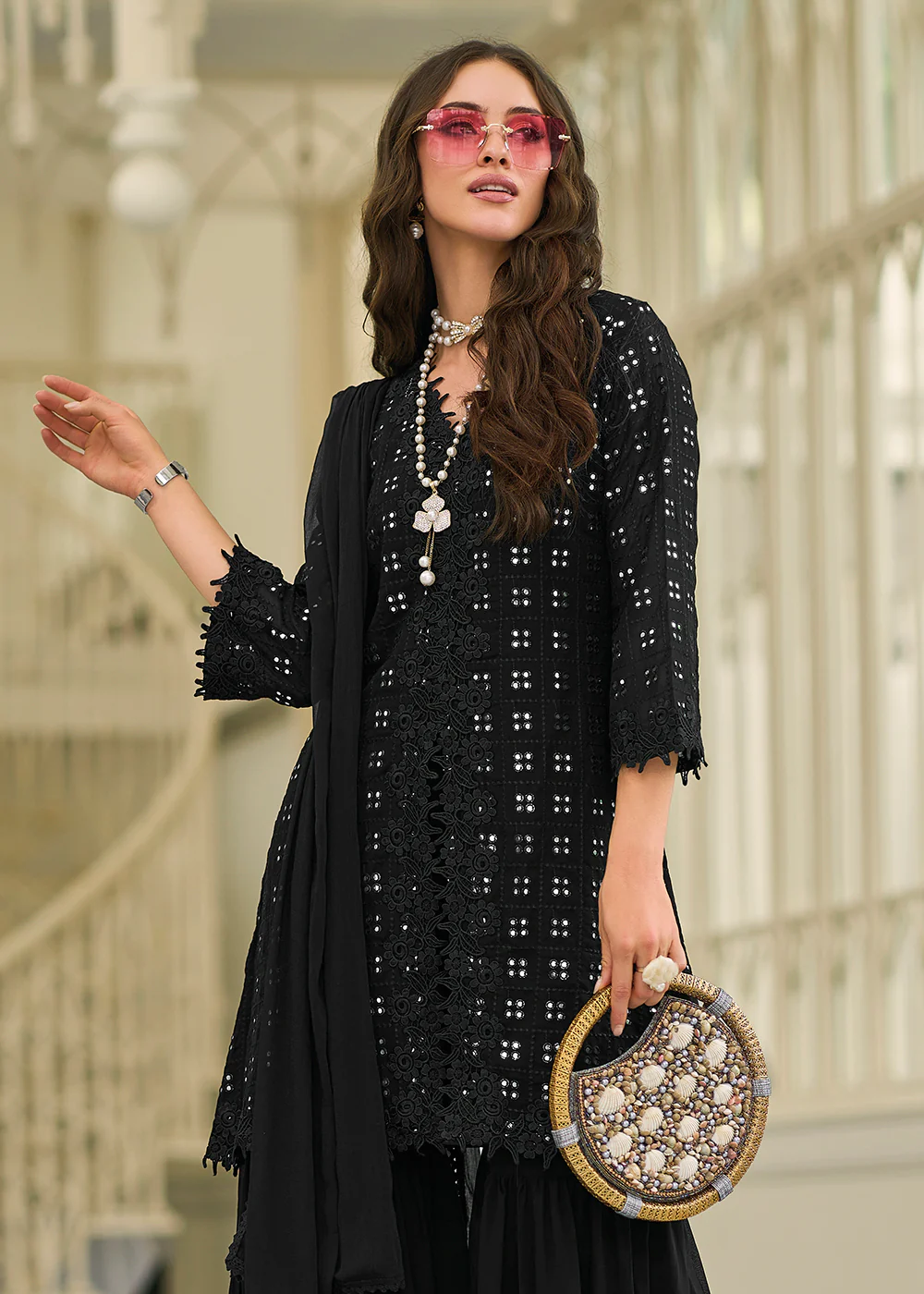 Pleasing Black Fancy Embroidered Festive Gharara Suit - Image 4
