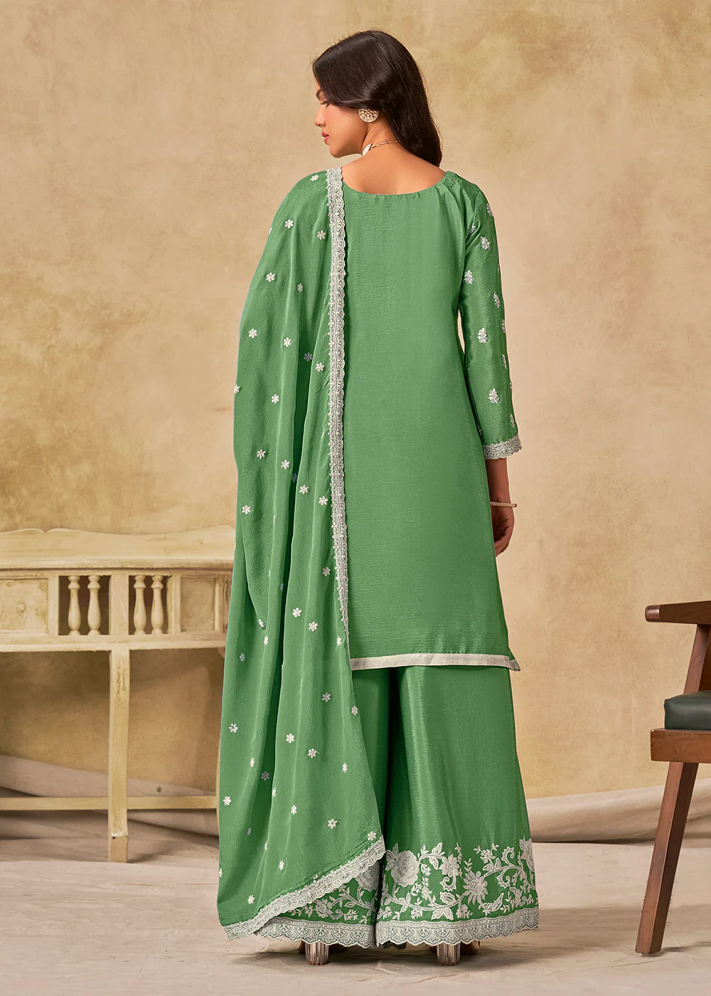 Pleasing Green Chinnon Silk Palazzo Style Suit - Image 2
