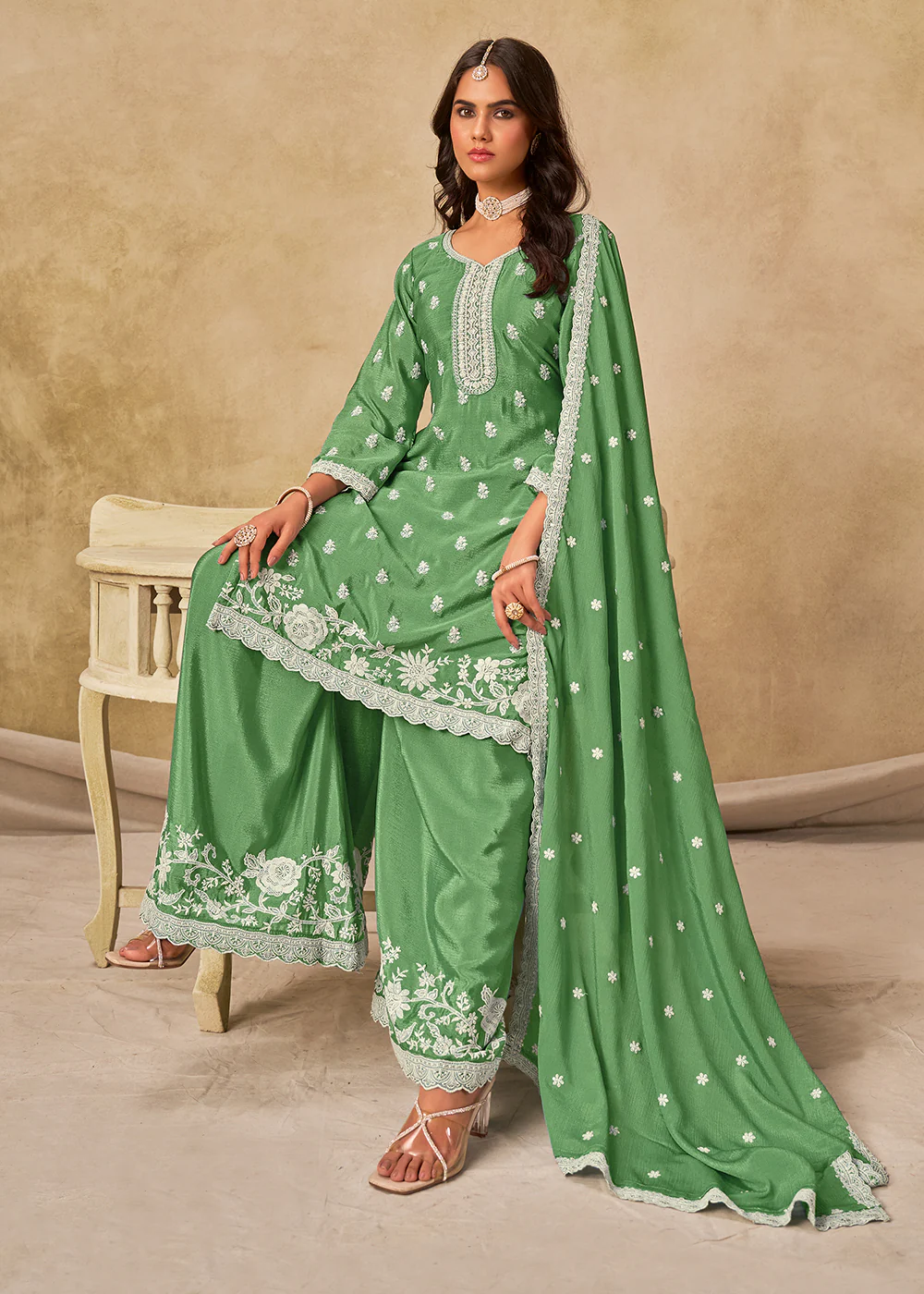 Pleasing Green Chinnon Silk Palazzo Style Suit - Image 3