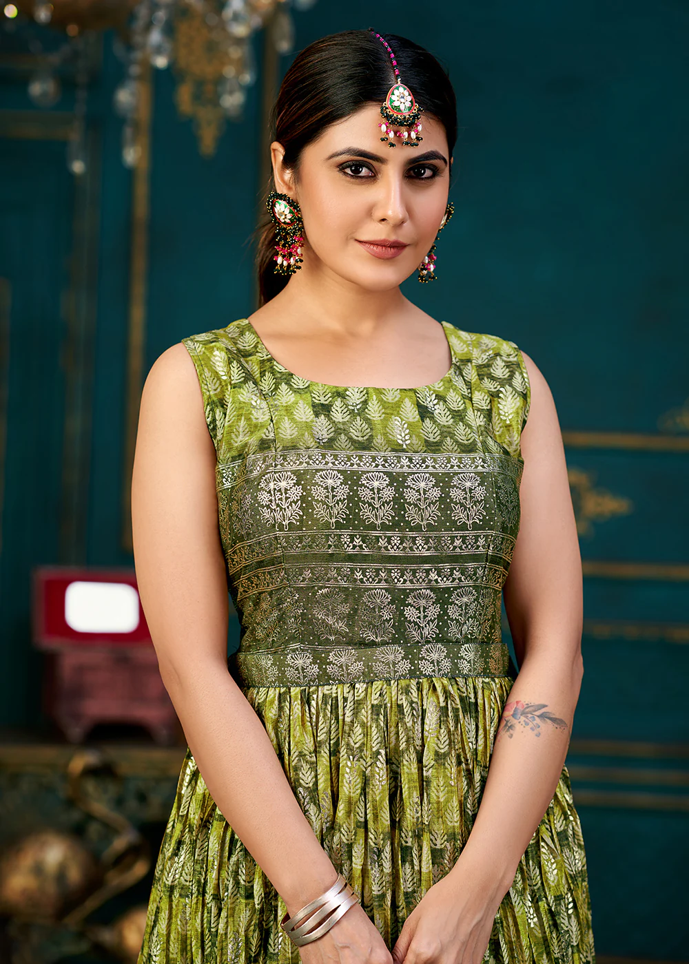 Pleasing Green Digital Foil Printed Ready to Wear Gown - Image 2