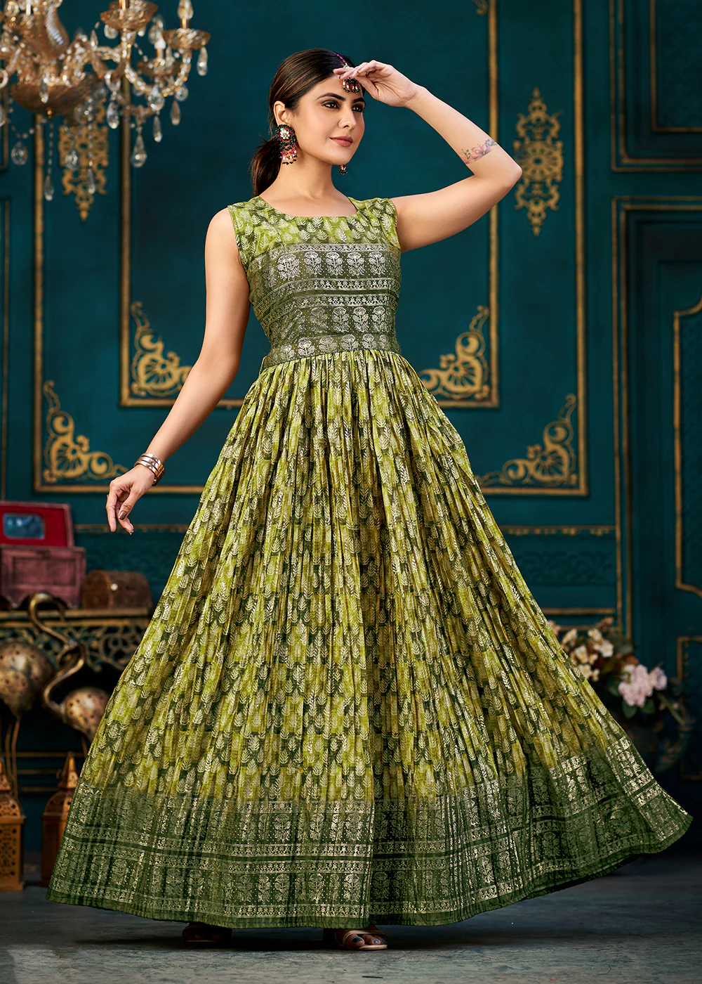 Pleasing Green Digital Foil Printed Ready to Wear Gown - Image 3