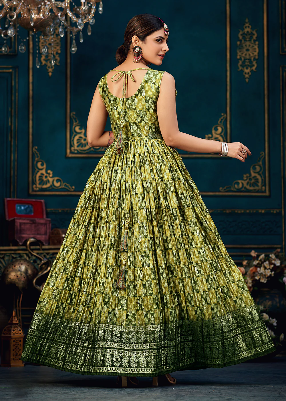 Pleasing Green Digital Foil Printed Ready to Wear Gown - Image 4